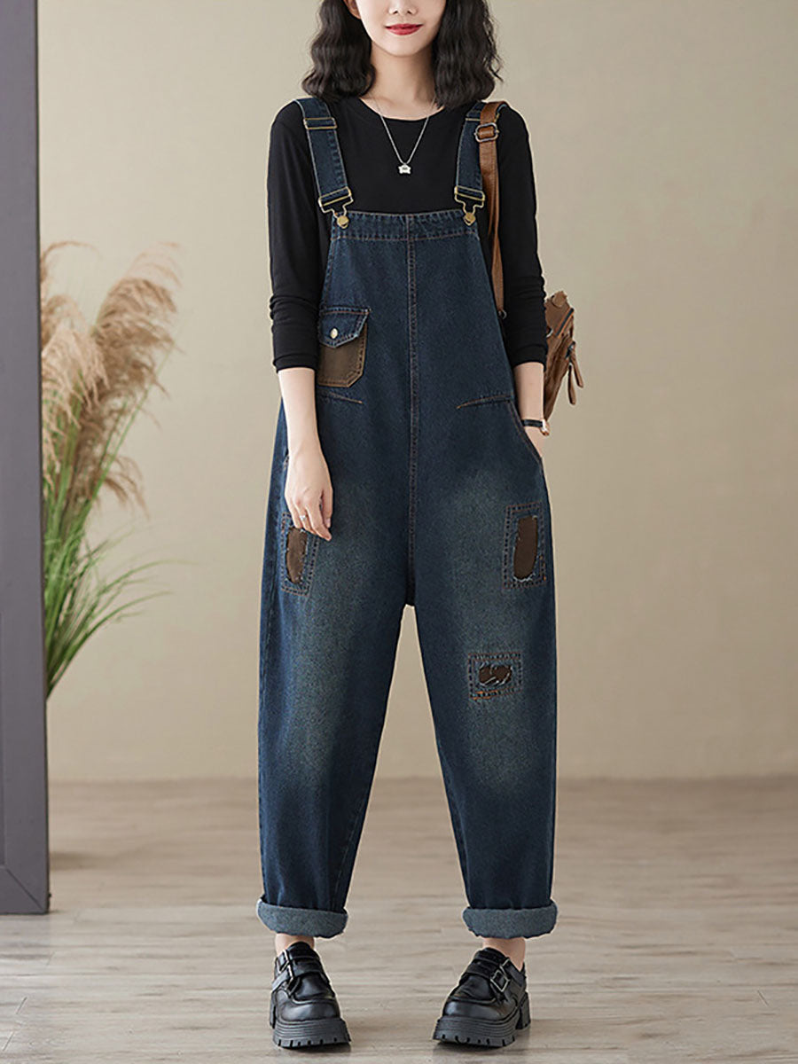 Women Autumn Retro Patchwork Denim Pocket Jumpsuits