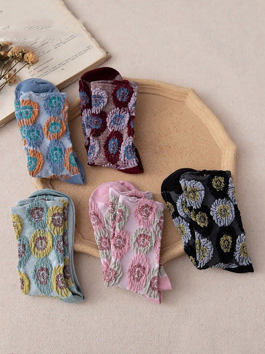 5 Pairs Women Artsy Flower Jacquard Mid-claf Socks