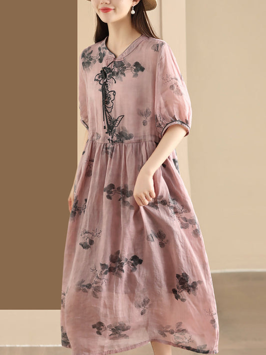 Women Summer Vintage Butterfly Embroidery Ramie Dress