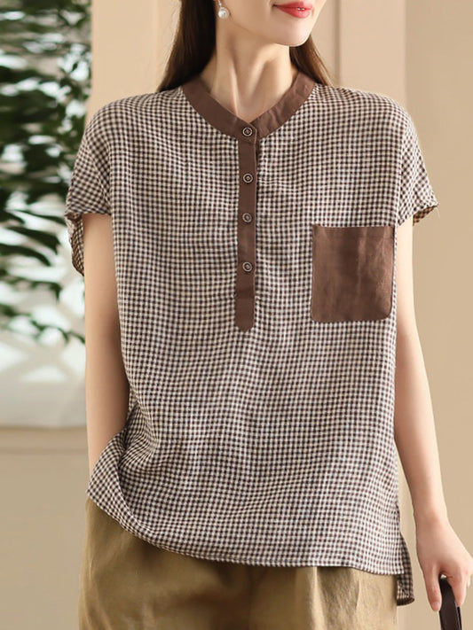 Women Summer Vintage Plaid Colorblock Linen Shirt