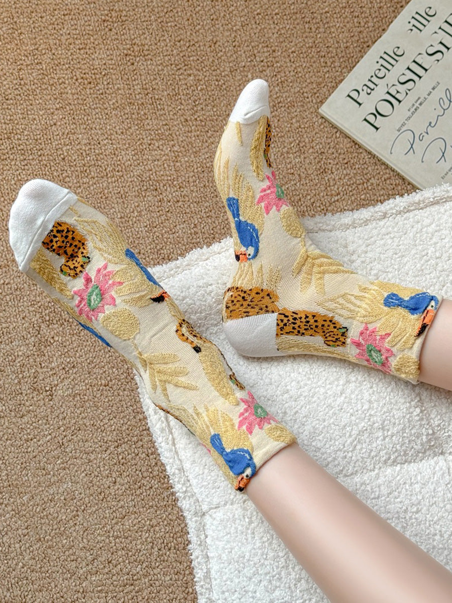 5 Pairs Women Winter Flower Animals Jacquard Socks