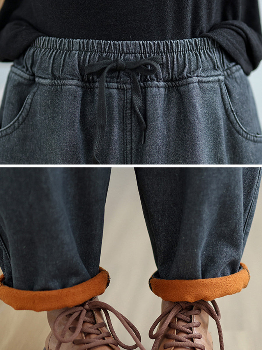 Women Winter Casual Fleece-lined Denim Harem Pants