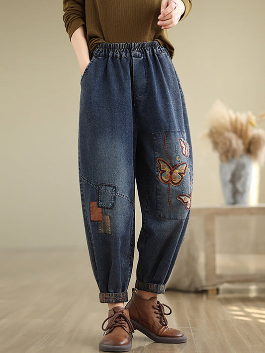 Women Autumn Artsy Butterfly Embroidery Denim Harem Pants