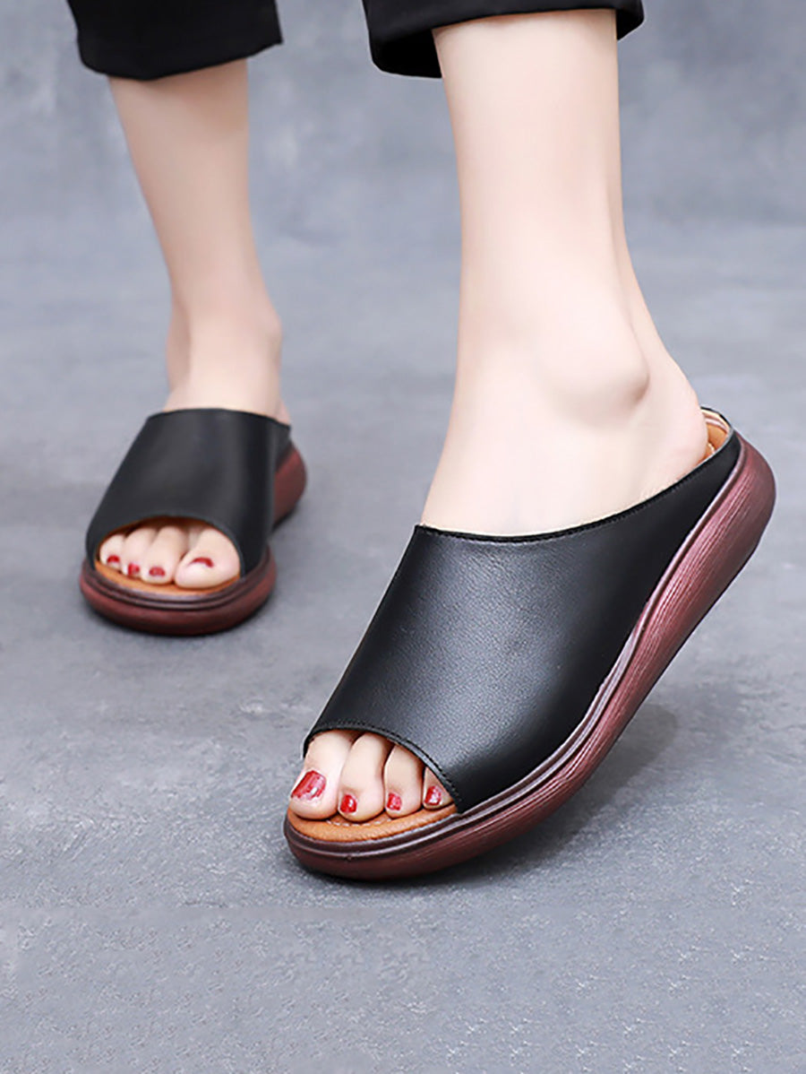 Women Casual Solid Leather Summer Flat Slippers