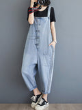 Women Summer Casual Solid Denim Shirred Jumpsuits