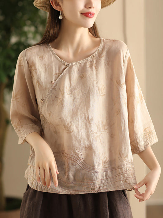 Women Ethnic Print Summer O-Neck Ramie Shirt