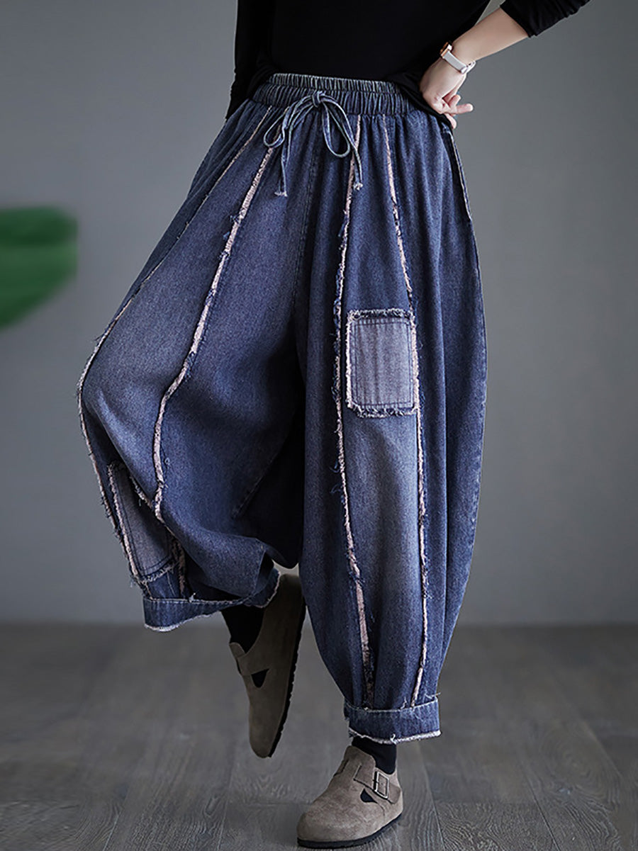 Women Summer Vintage Denim Patch Spliced Harem Pants