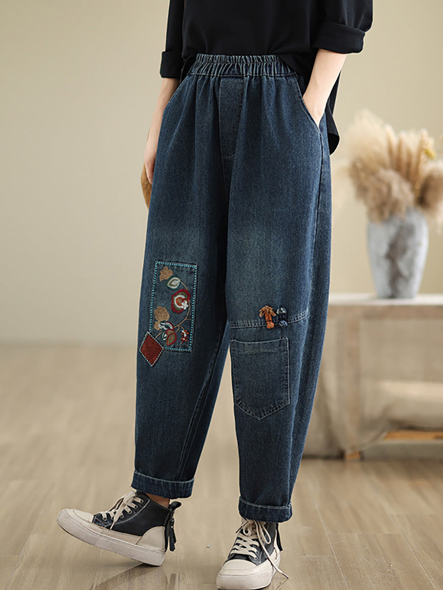 Women Autumn Artsy Embroidery Denim Harem Pants