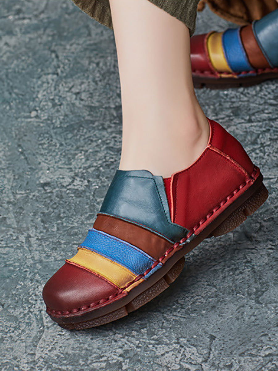 Women Casual Colorblock Leather Spliced Flat Shoes