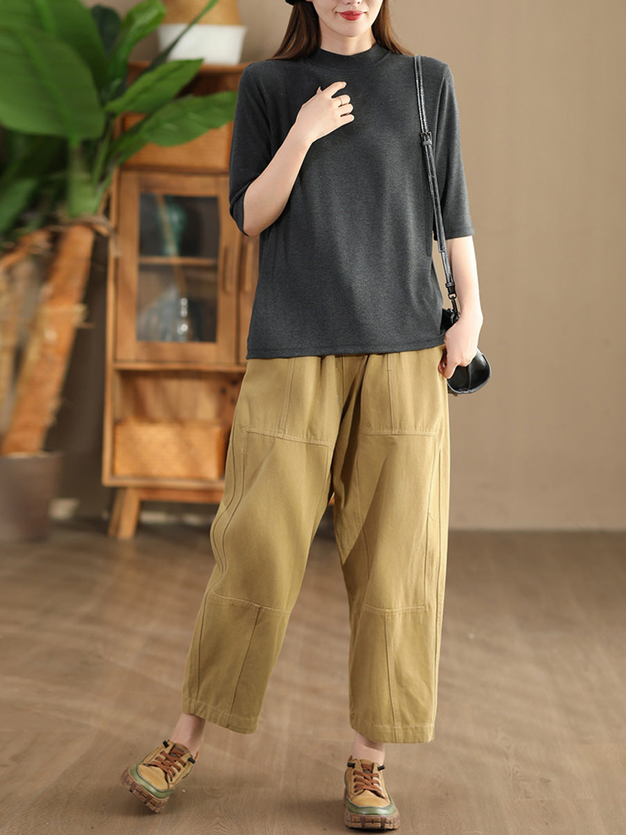 Women Autumn Vintage Solid Spliced Pocket Harem Pants