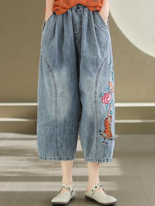 Women Artsy Flower Embroidery Denim Harem Pants