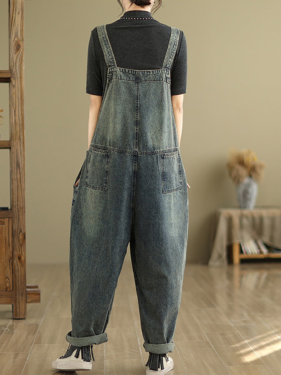 Women Retro Patchwork Loose Washed Denim Jumpsuits