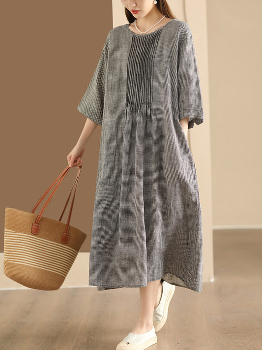 Women Summer Vintage Lattice Shirred O-Neck Ramie Dress