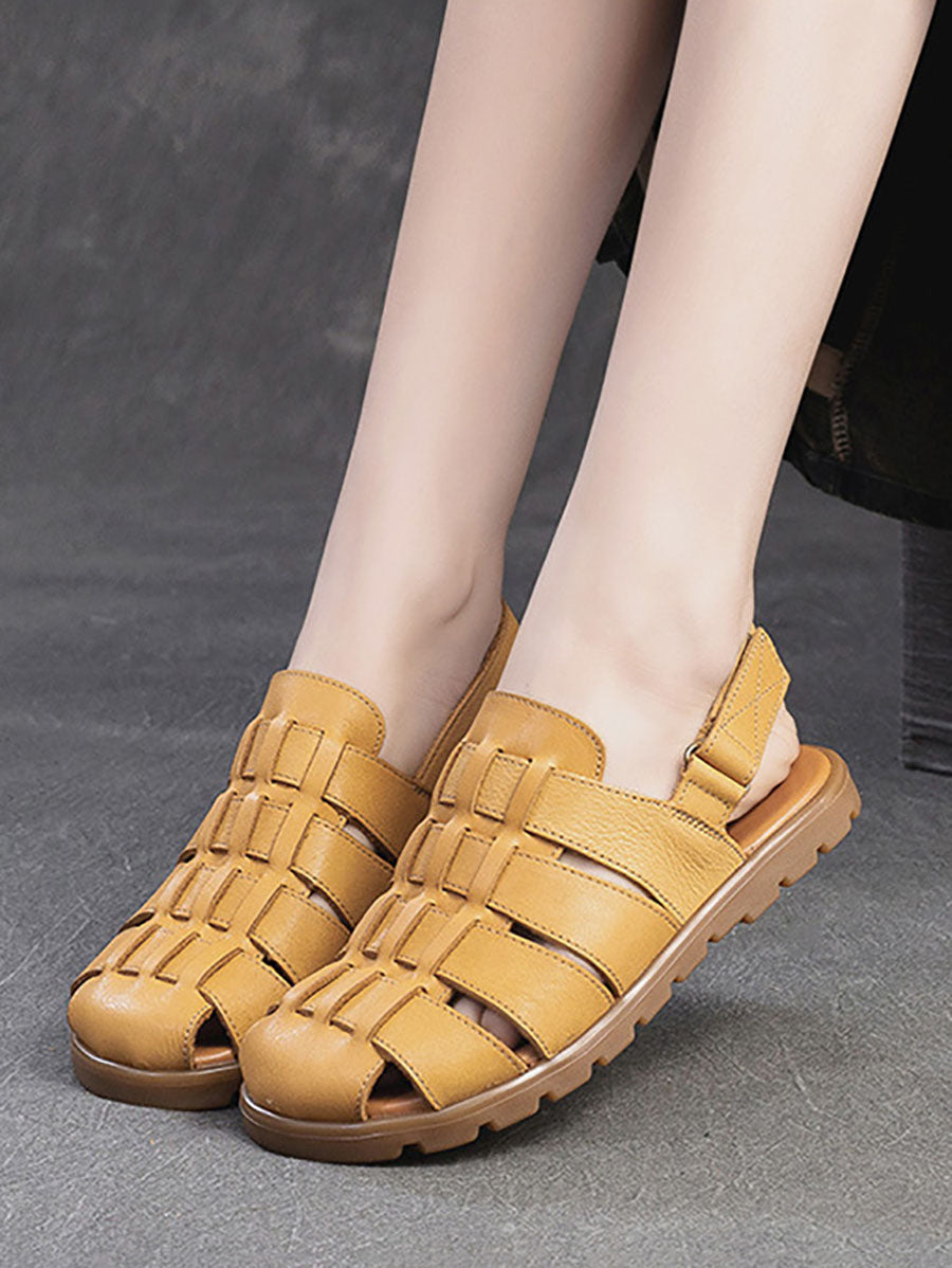 Women Summer Casual Leather Weave Solid Flat Shoes