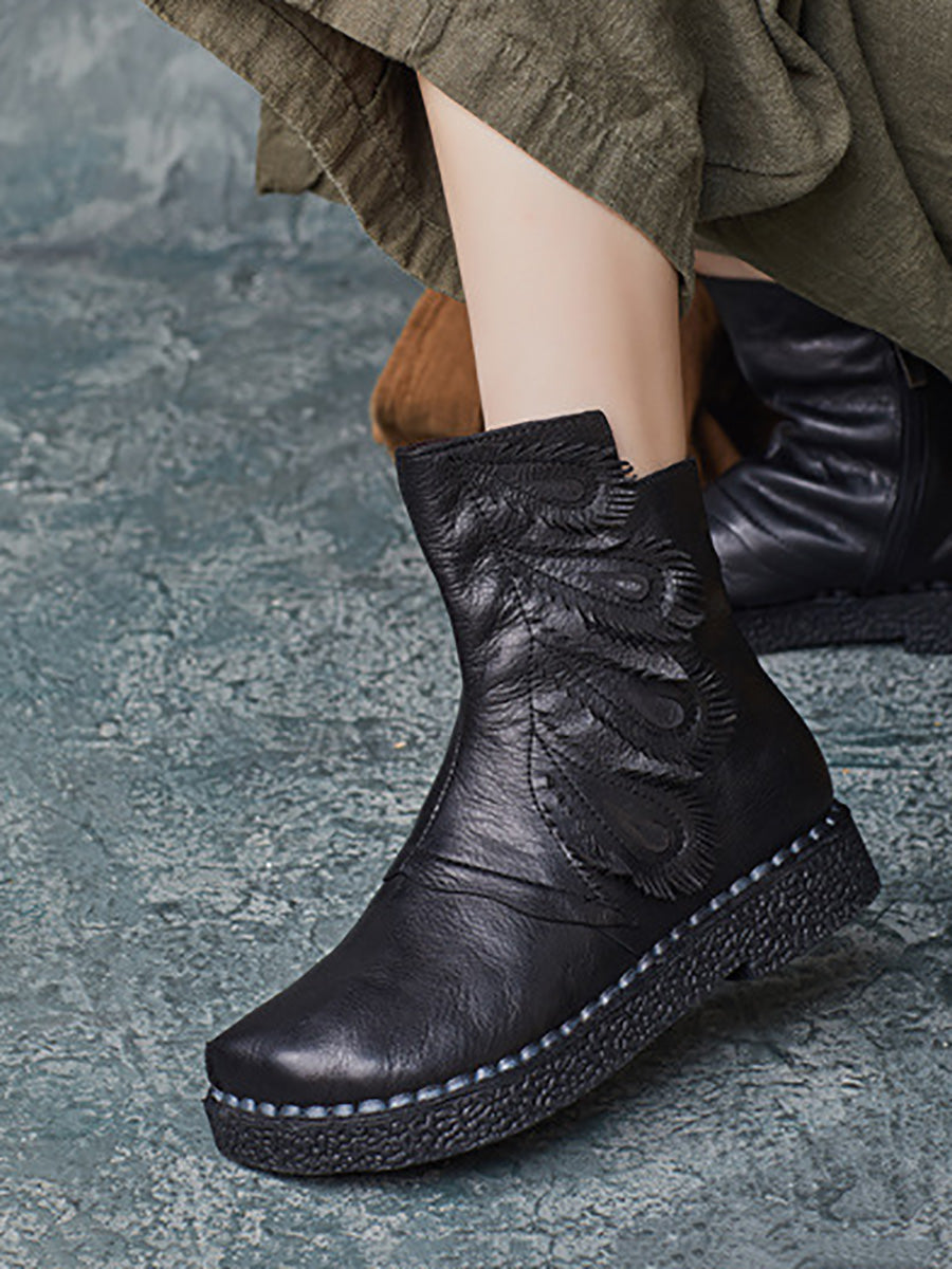 Women Vintage Leather Feather Shape Spliced Ankle Boots