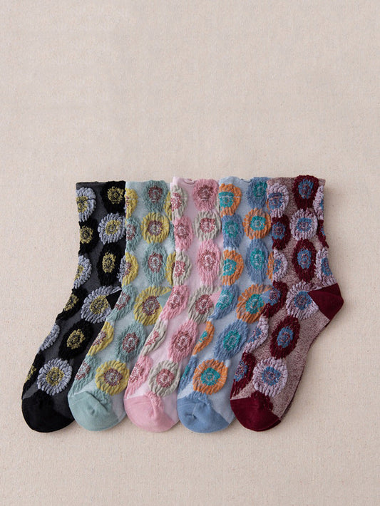 5 Pairs Women Artsy Flower Jacquard Mid-claf Socks