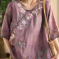 Women Summer Artsy Flower Embroidery O-Neck Shirt