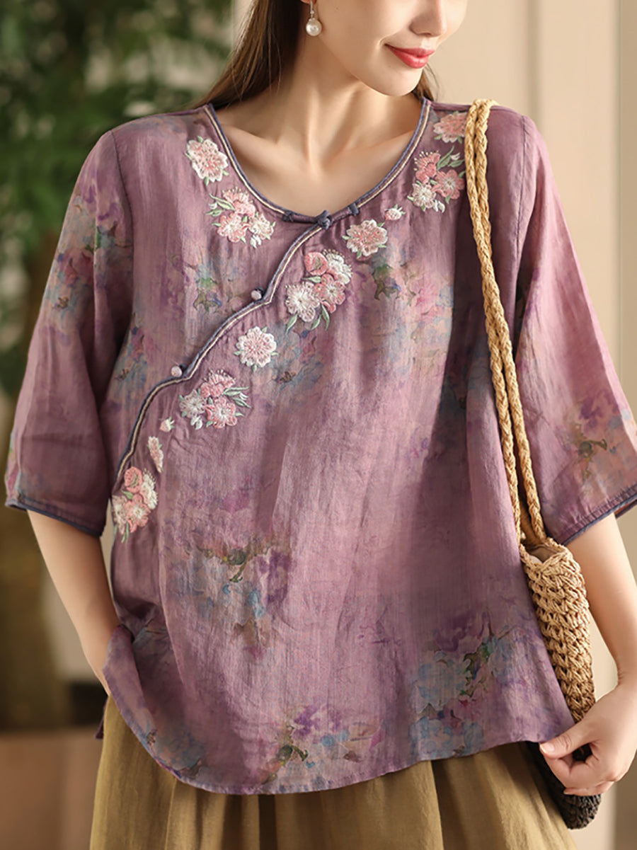 Women Summer Artsy Flower Embroidery O-Neck Shirt