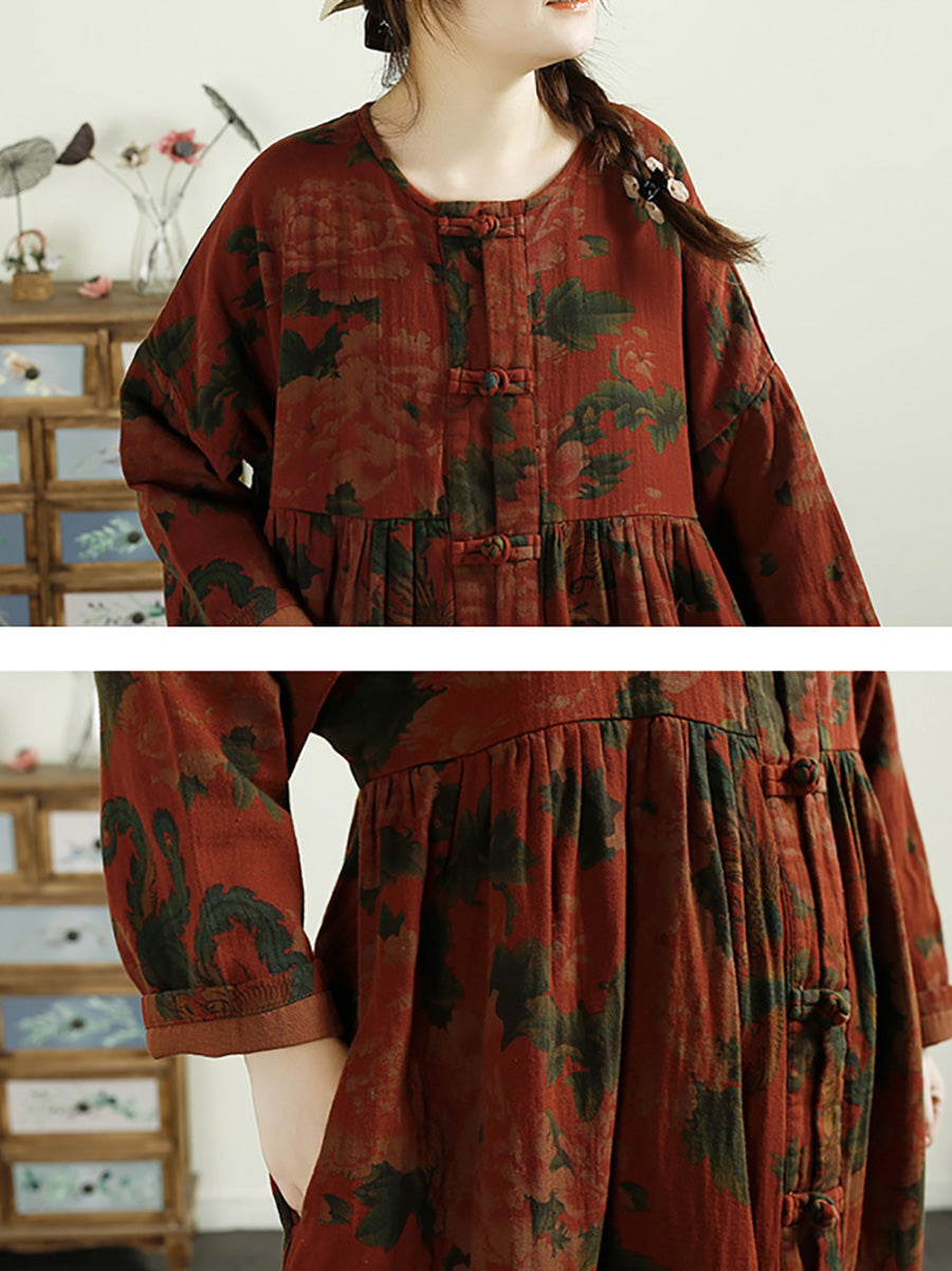 Women Ethnic Flower Button Linen Shirt Coat