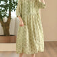 Women Summer Artsy Floral O-Neck Shirred Ramie Dress