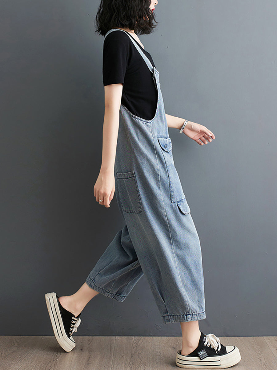 Women Summer Solid Casual Loose Denim Jumpsuits