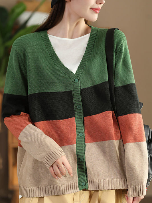 Women Autumn Colorblock V-Neck Knit Sweater