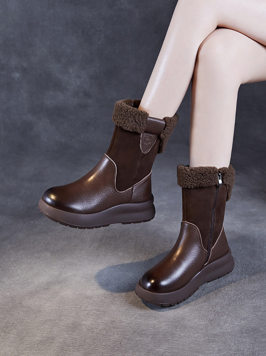 Women Vintage Leather Fleece-lined Platform Boots