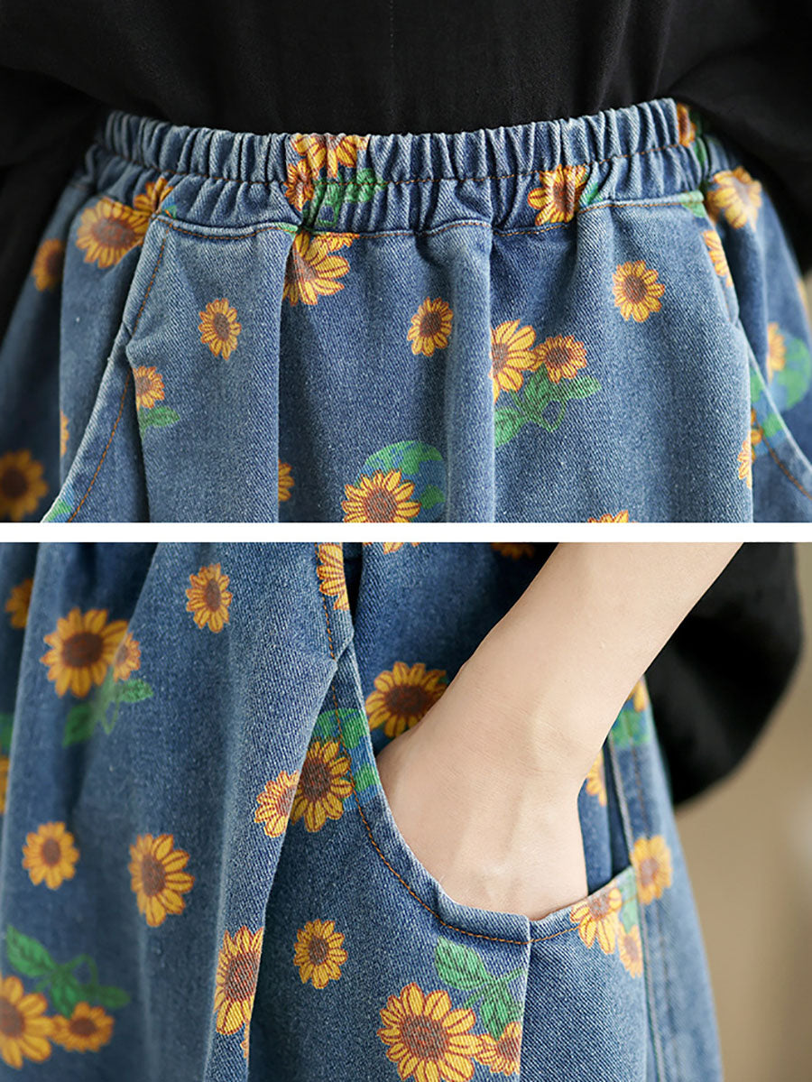 Women Casual Summer Sunflower Print Loose Skirt