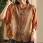 Women Summer Vintage Flower Spliced Button-up Ramie Shirt