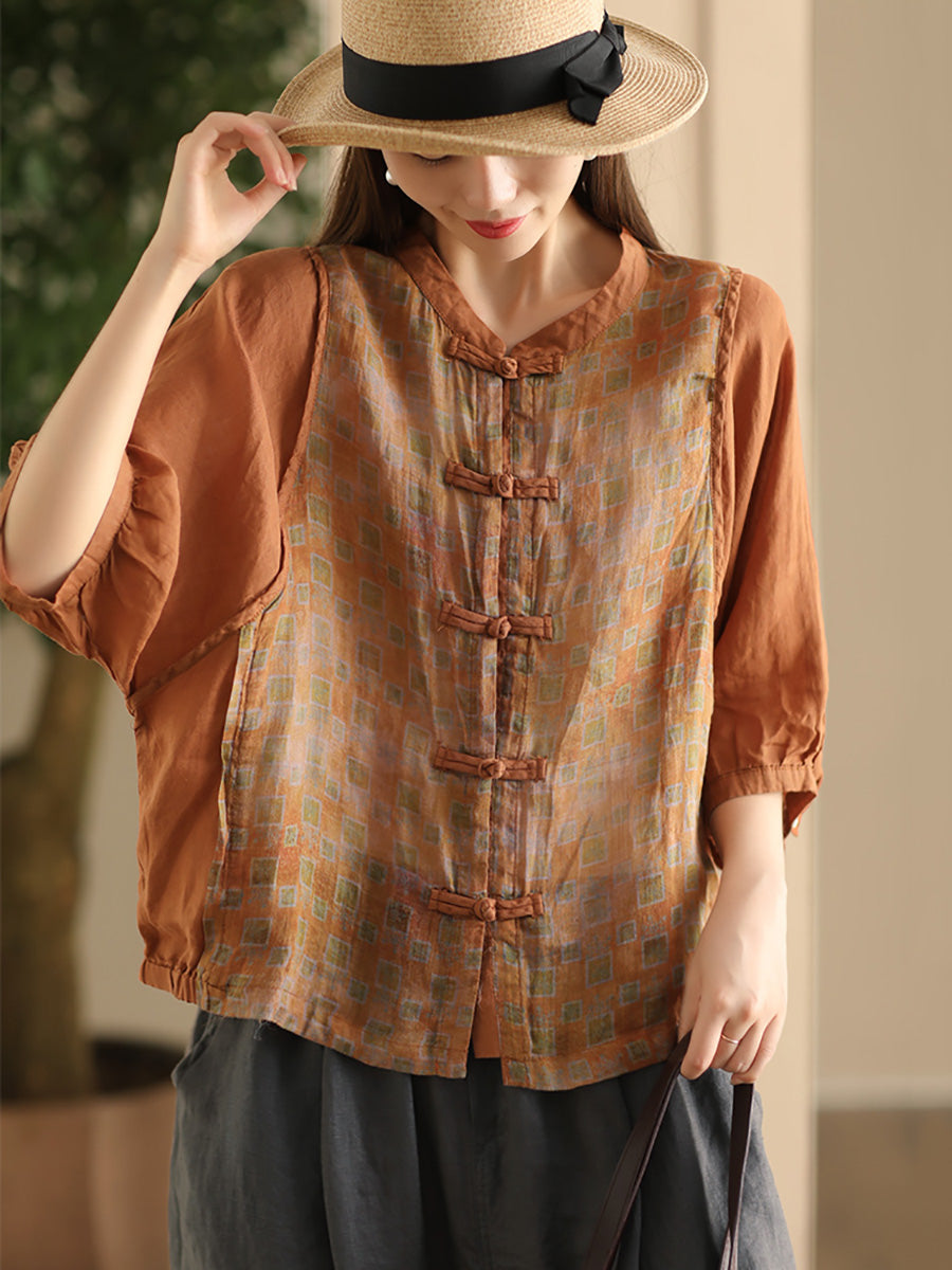 Women Summer Vintage Flower Spliced Button-up Ramie Shirt