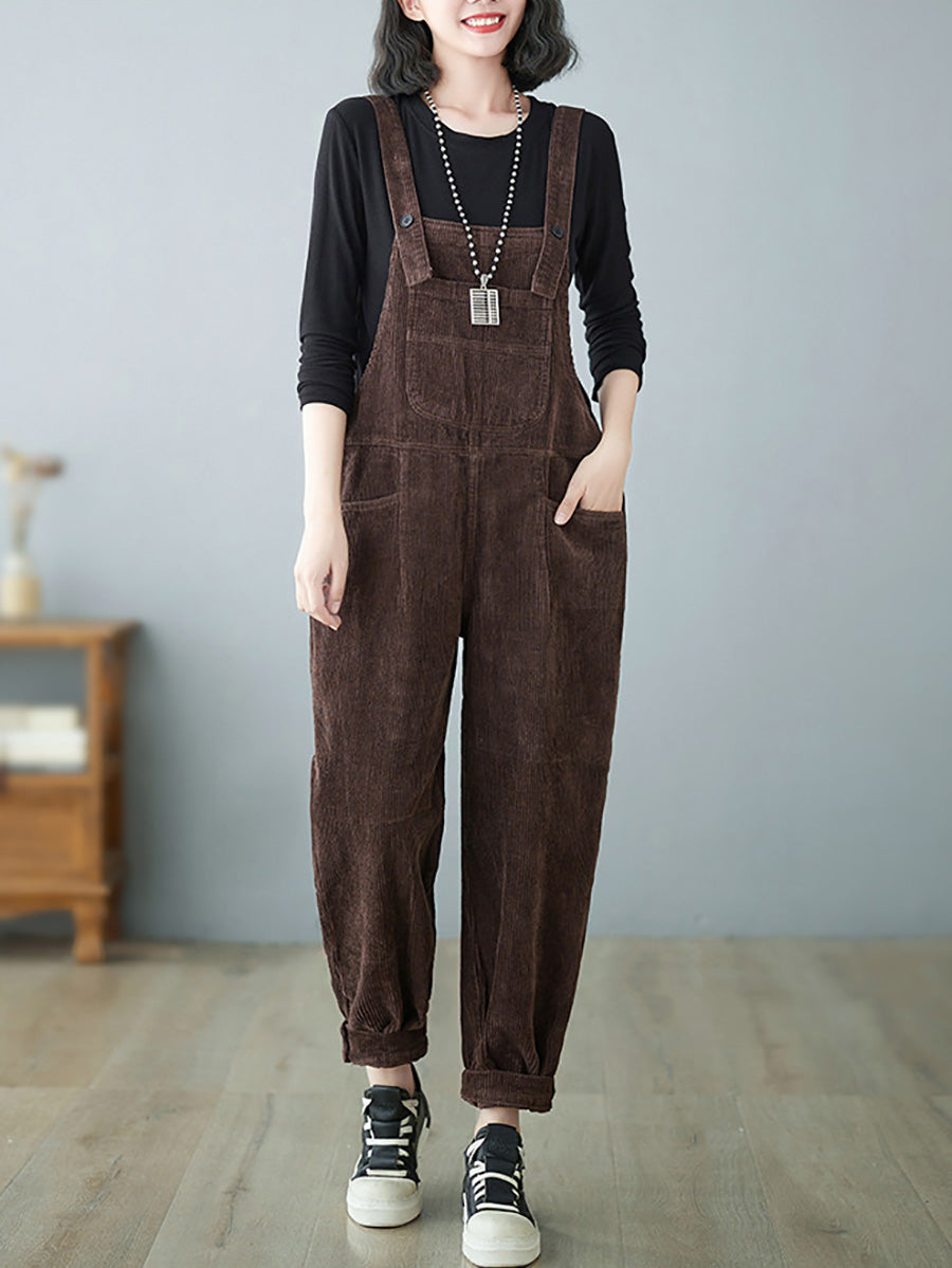 Women Casual Autumn Solid Corduroy Loose Jumpsuits