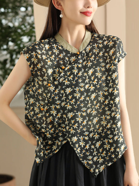 Women Ethnic Summer Thin Flower Spliced Ramie Shirt