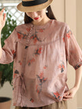 Women Summer Vintage Flower Strap O-Neck Ramie Shirt