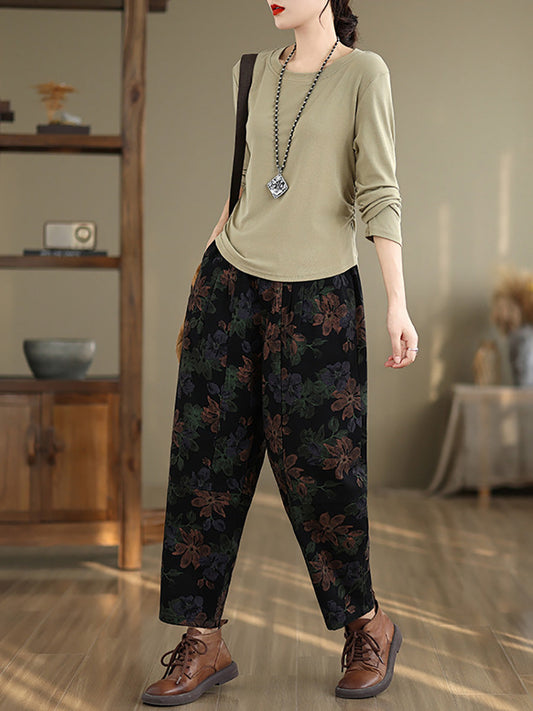 Women Autumn Vintage Flower Cotton Harem Pants