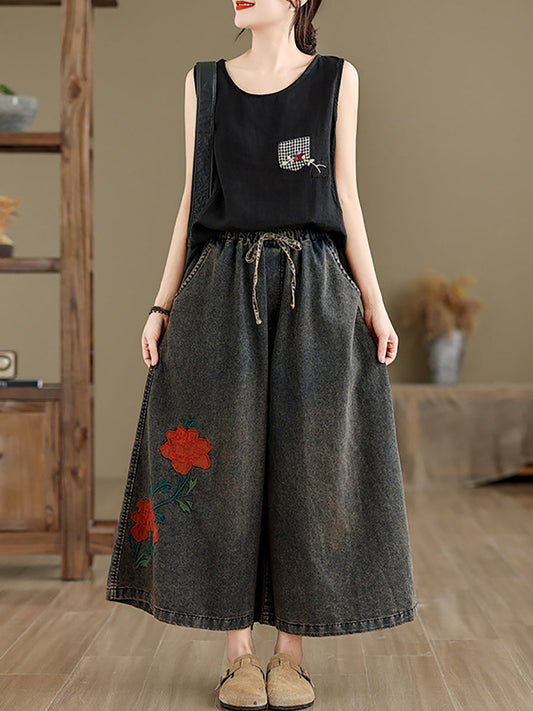 Women Summer Vintage Flower Denim Wide-leg Pants