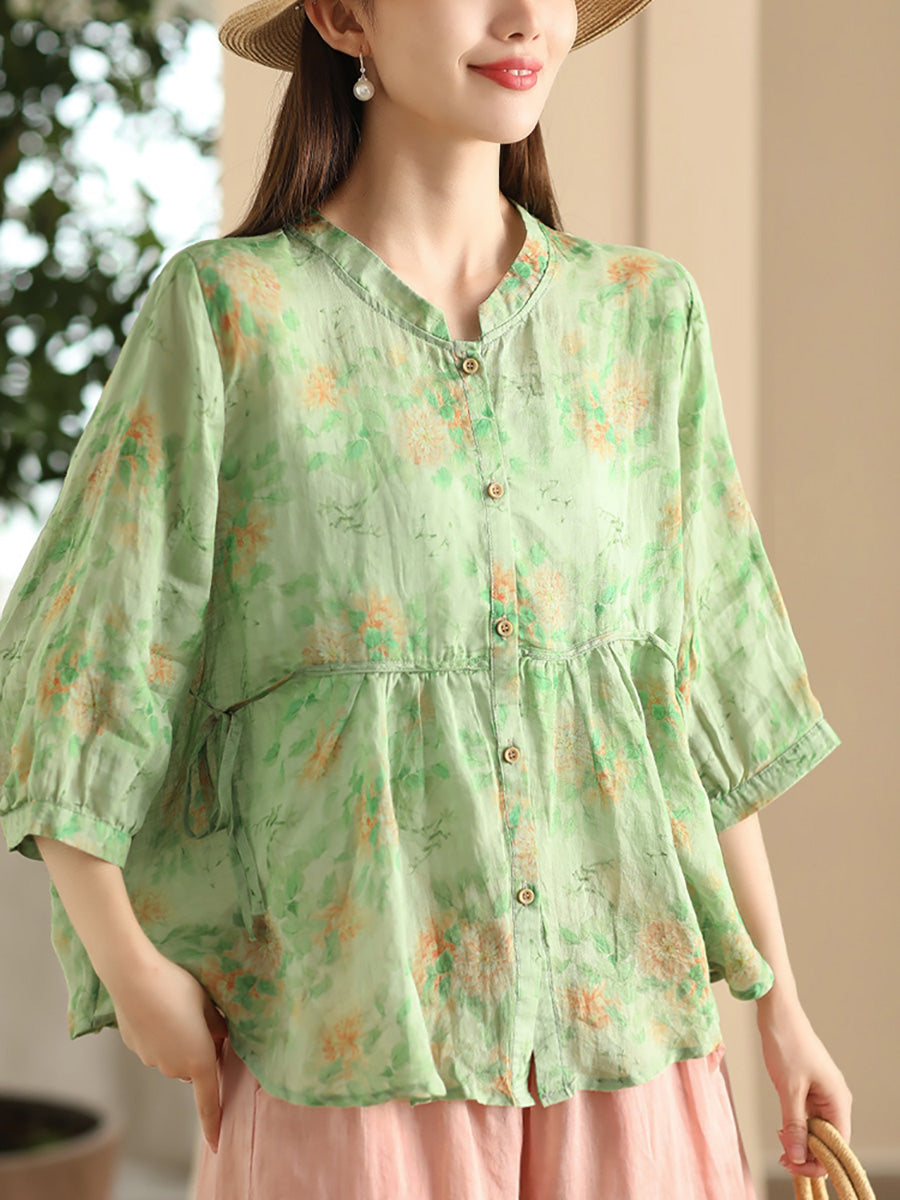 Women Summer Artsy Floral Strap Button Ramie Shirt