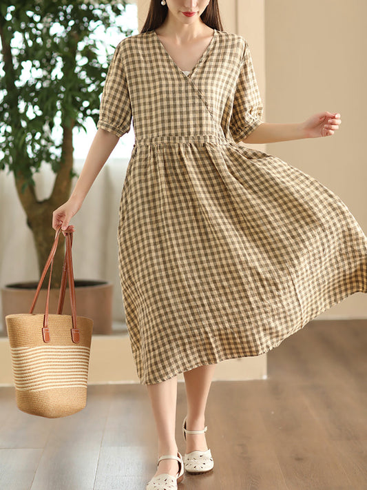 Women Artsy Summer Plaid V-Neck Linen Dress