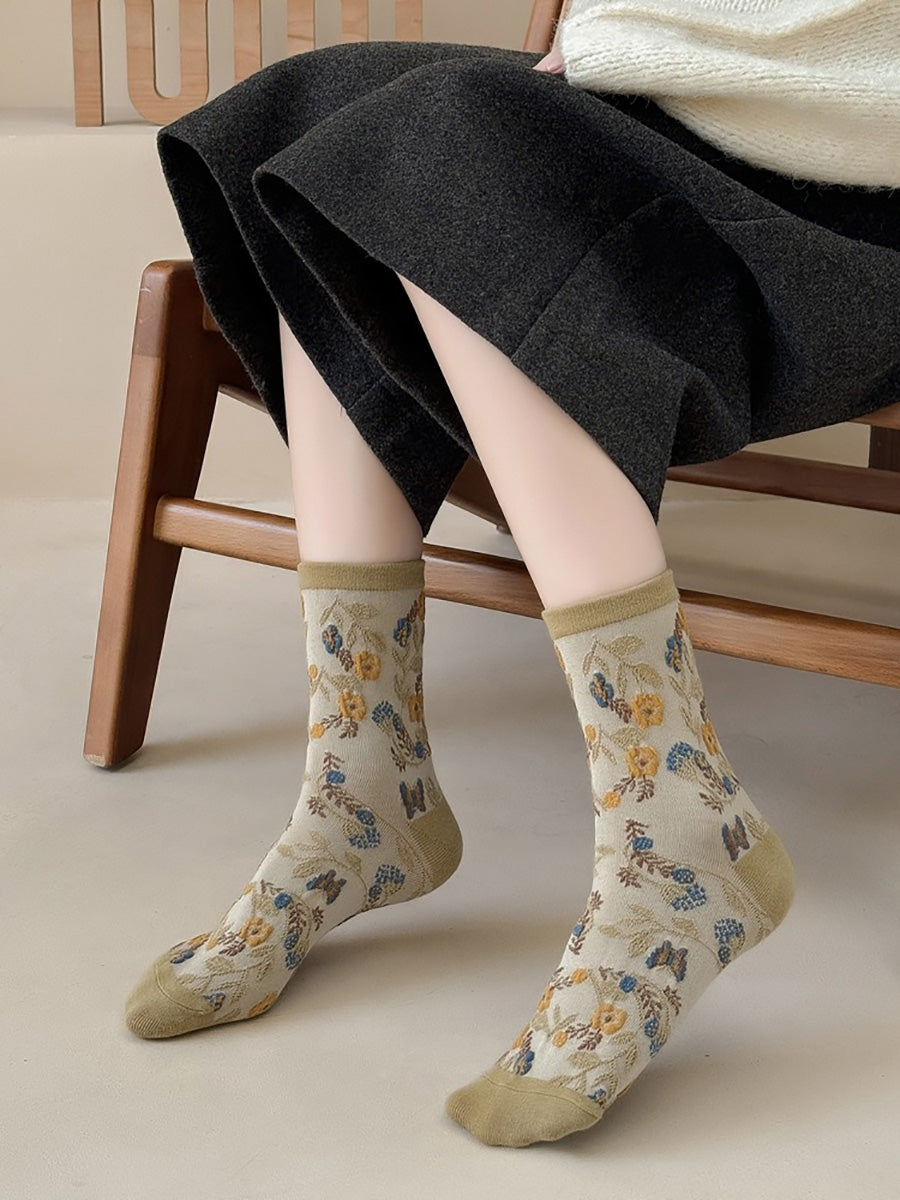 5 Pairs Women Artsy Floral Colorblock Jacquard Socks