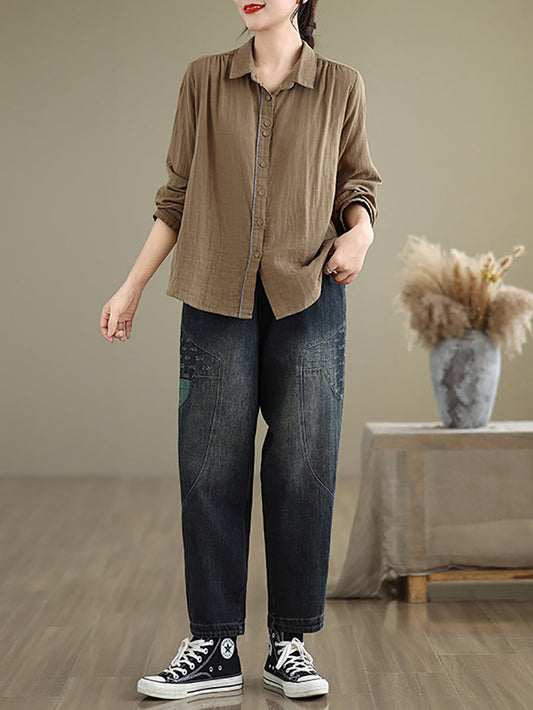 Women Autumn Spliced Casual Loose Denim Harem Pants