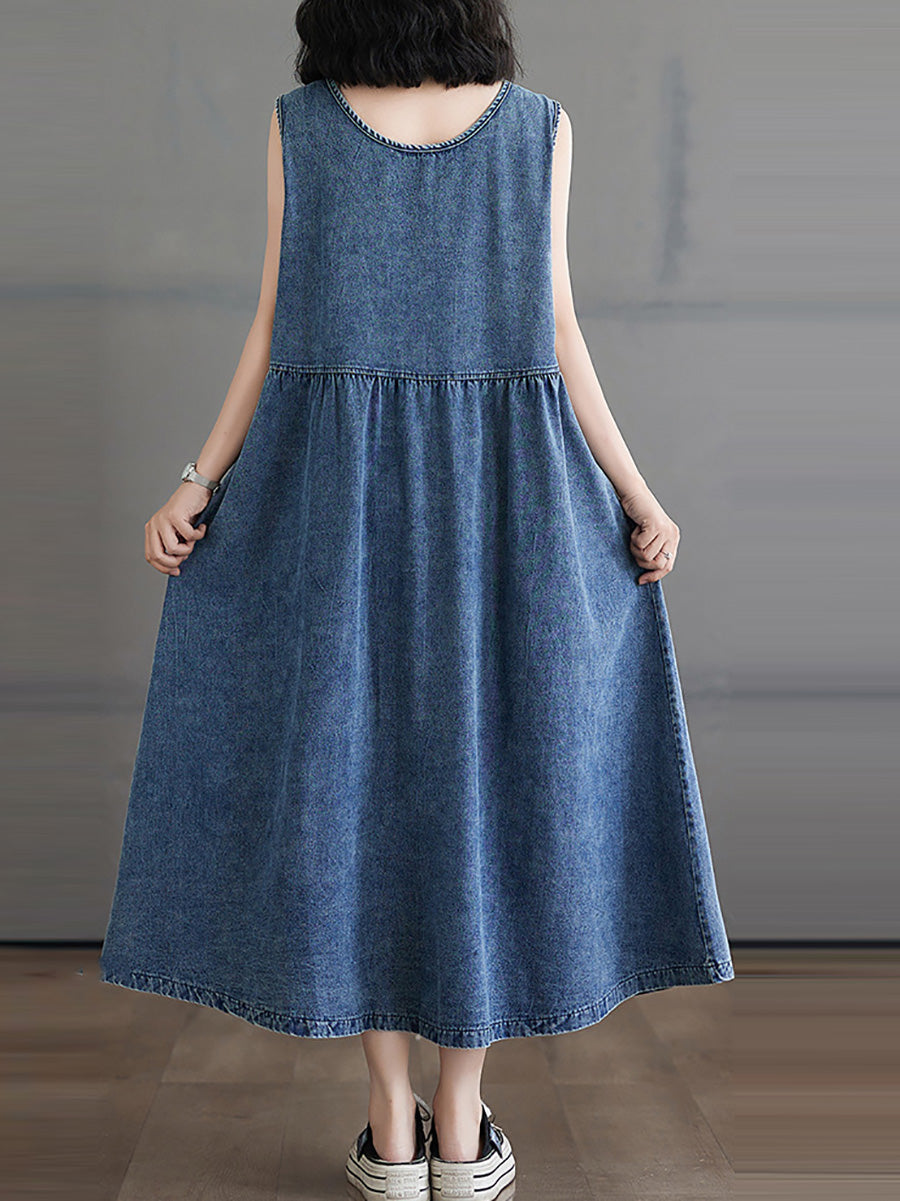 Women Casual Summer Denim A-Shape Loose Vest Dress