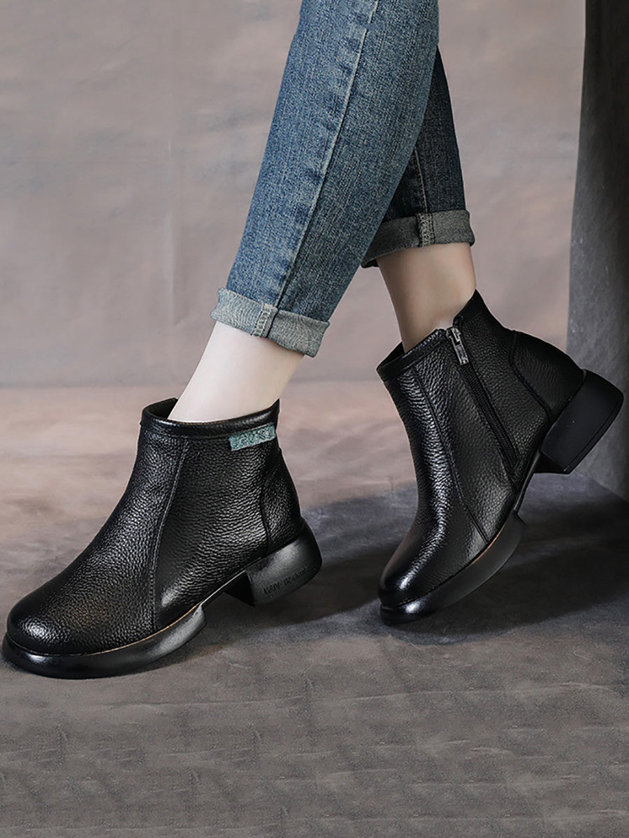 Women Vintage Commute Leather Zipper Mid-Heel Boots