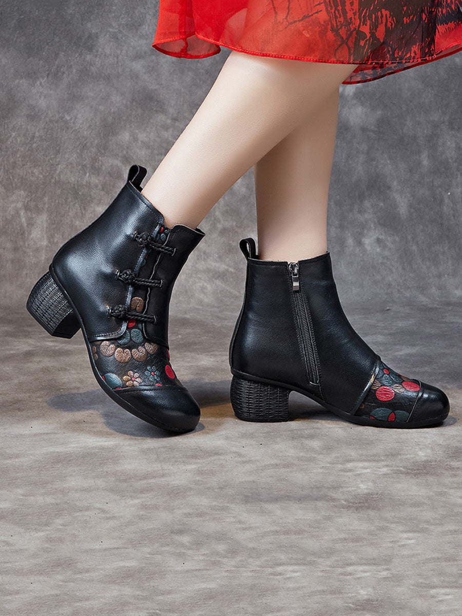 Women Ethnic Flower Leather Spliced Low Heel Boots