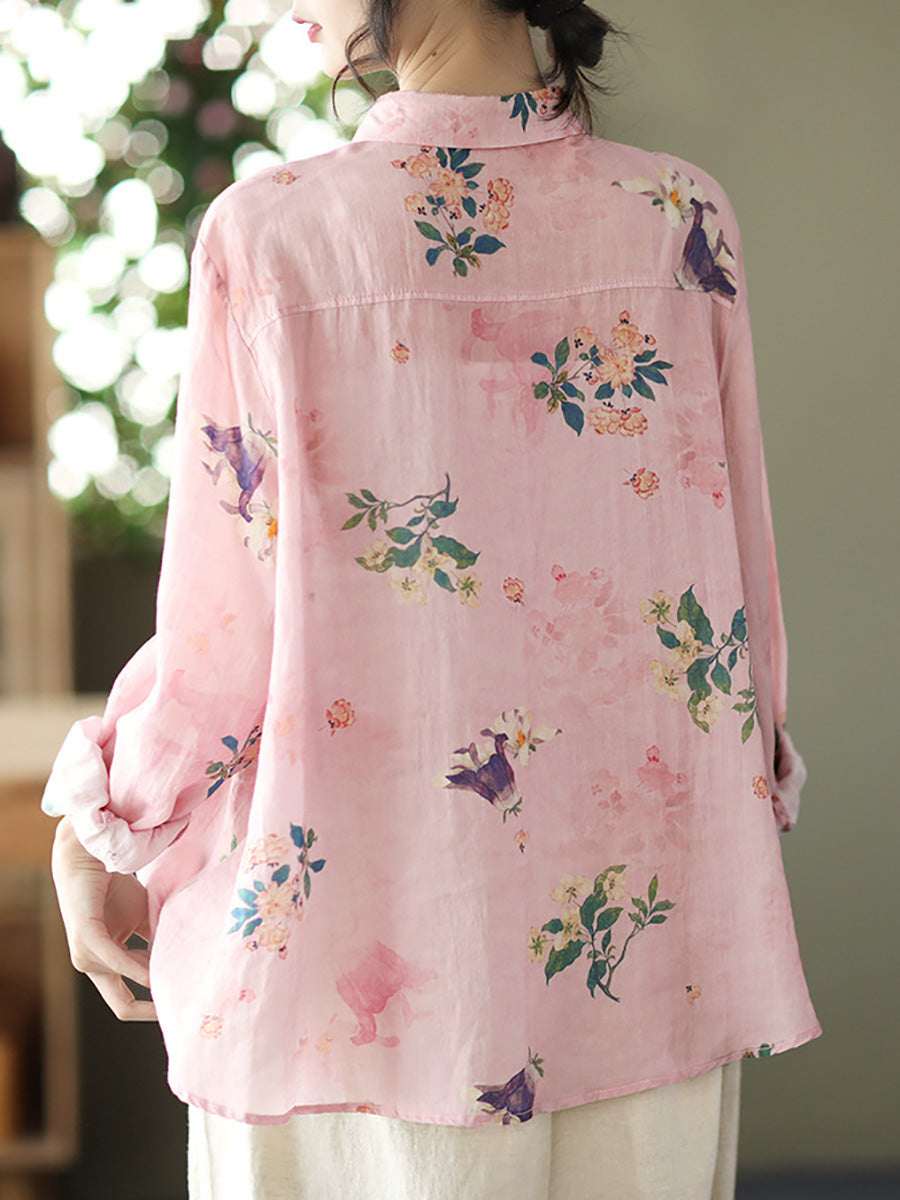 Women Vintage Floral Spring Button Up Ramie Blouse