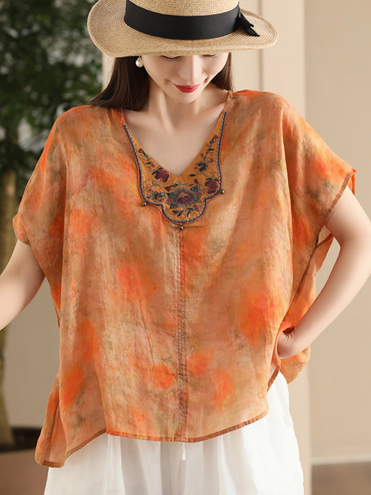 Women Ethnic Flower Embroidery Tie-dye Ramie Shirt