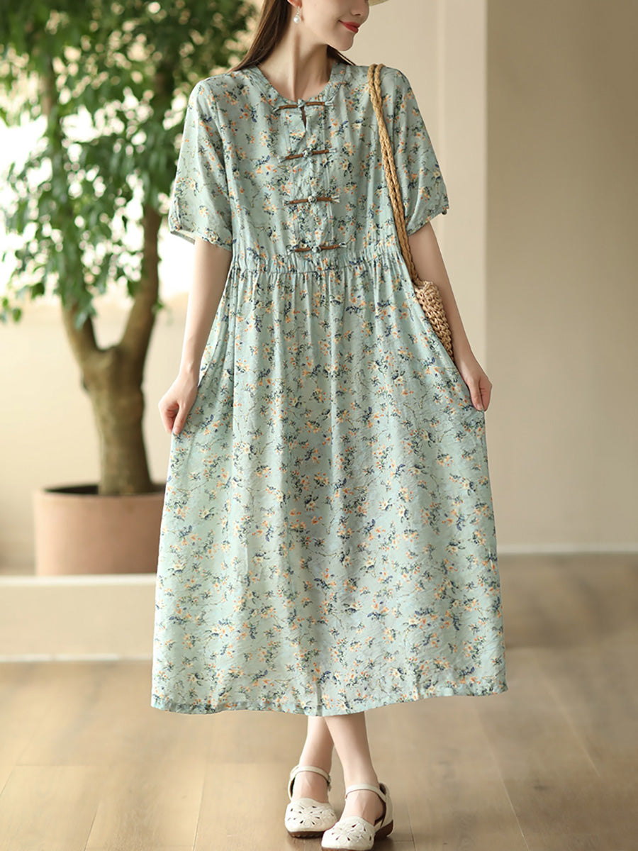 Women Summer Artsy Floral Button O-Neck Dress