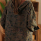 Women Vintage Autumn Flower Button Cotton Linen Hooded Coat