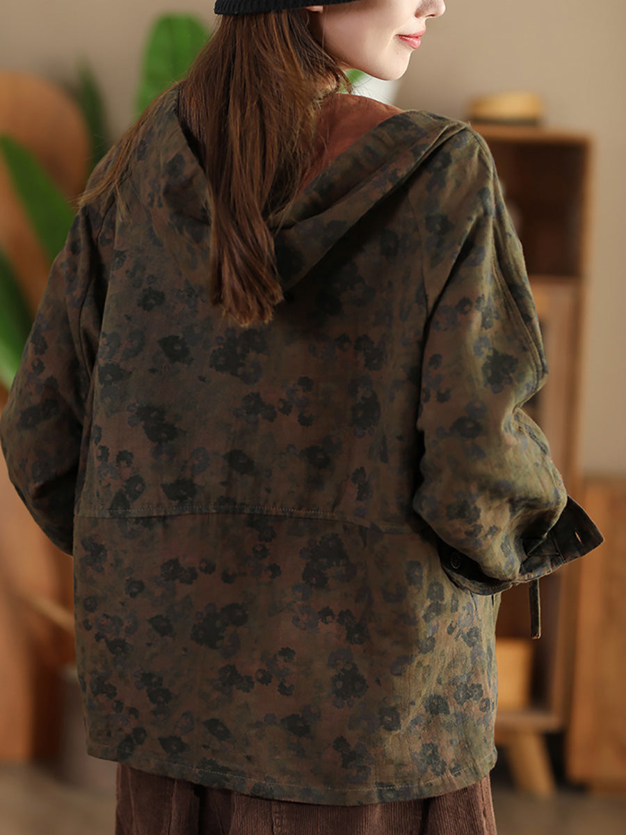 Women Vintage Autumn Flower Button Cotton Linen Hooded Coat