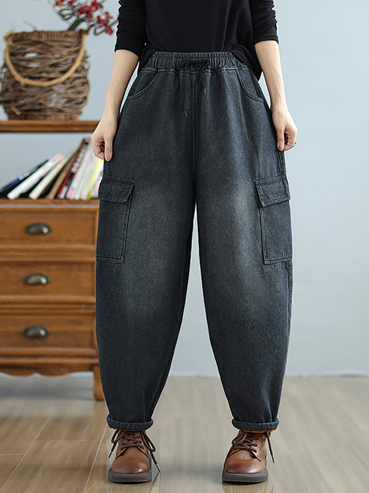 Women Winter Casual Fleece-lined Denim Harem Pants