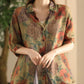 Women Summer Vintage Flower Patch Spliced Ramie Shirt