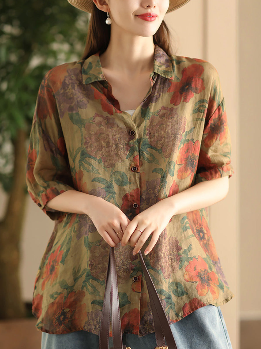 Women Summer Vintage Flower Patch Spliced Ramie Shirt